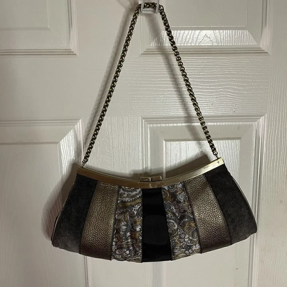 Talbots vintage black,copper & gray clutch with  a rustic gold tone chain